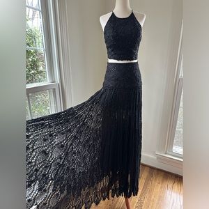 SHERRI HILL 2-Piece Beaded Crochet Boho Gown Sexy Back FLAWED BUT INCREDIBLE